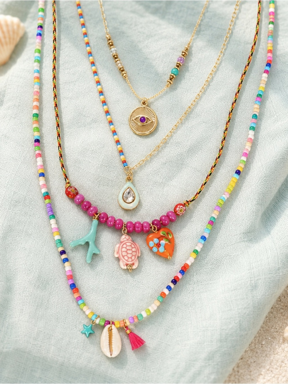Gold & Multicolor Layered Beach Charm Necklace Set.